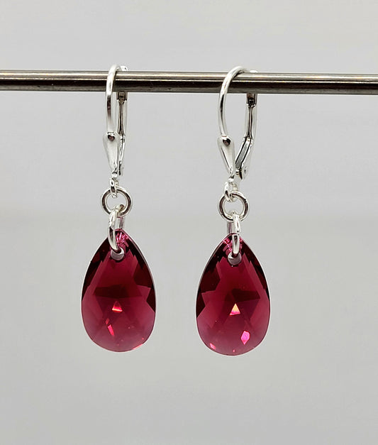 Sterling Silver Earrings - Swarovski Crystal Scarlet Moonlight Pear Pendants; LAST ONE