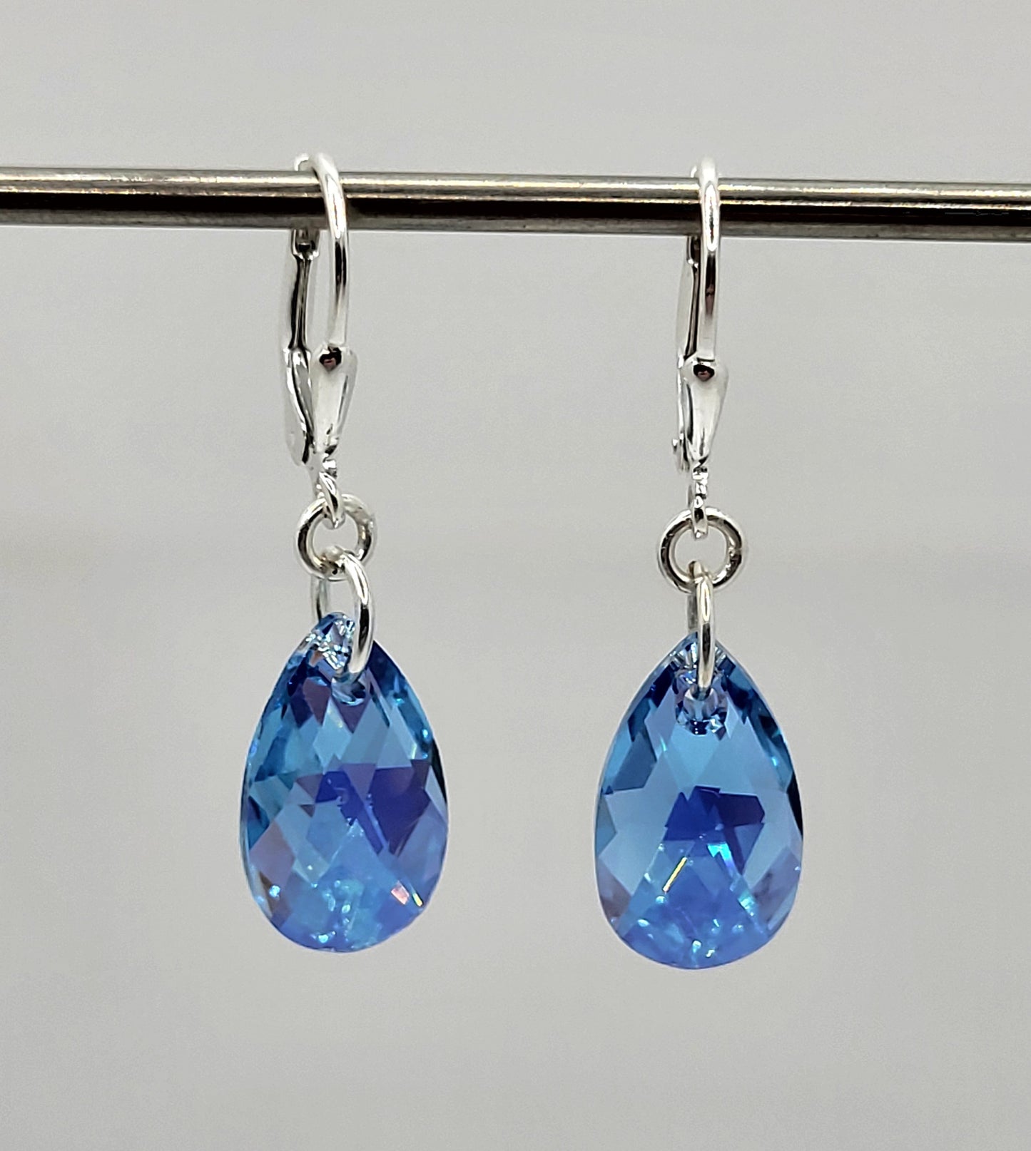 Sterling Silver Earrings - Swarovski Crystal Aquamarine AB Pear Pendants; LAST ONE