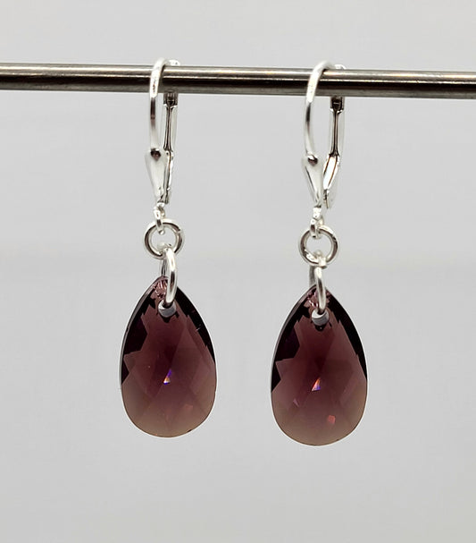 Sterling Silver Earrings - Swarovski Crystal Amethyst Moonlight Pear Pendants; LAST ONE