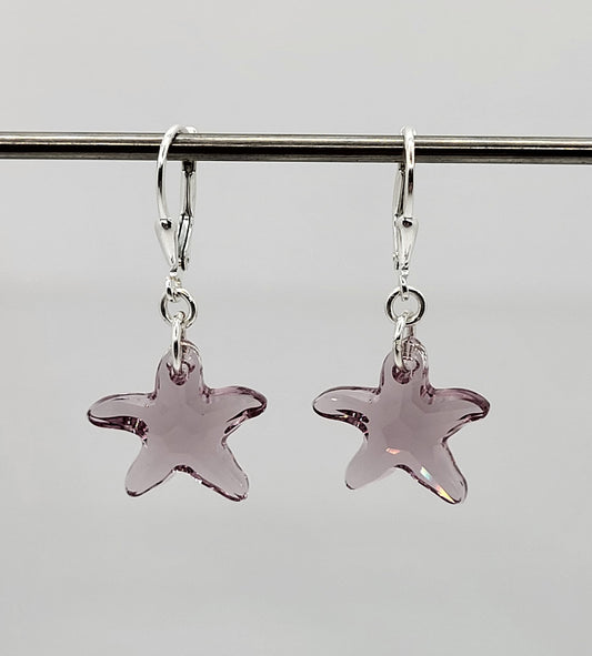 Sterling Silver Earrings - Swarovski Crystal Light Amethyst Starfish Pendants; LAST ONE