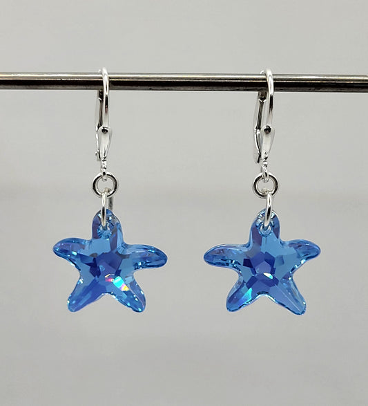 Sterling Silver Earrings - Swarovski Crystal Aquamarine AB Starfish Pendants; LAST ONE