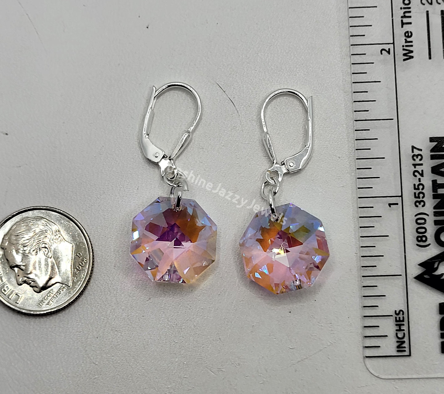 Sterling Silver Earrings - Swarovski Crystal Octagon Pendants