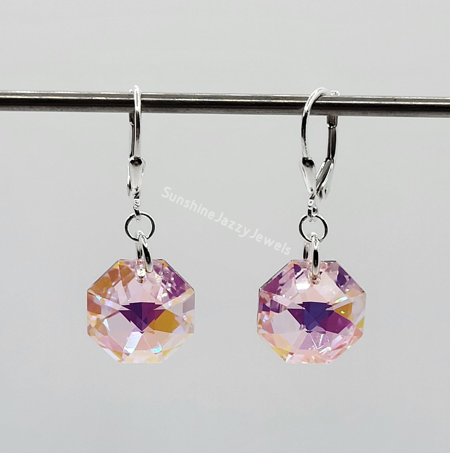 Sterling Silver Earrings - Swarovski Crystal Octagon Pendants