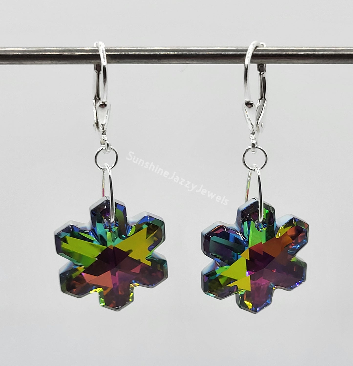 Sterling Silver Earrings - Swarovski Crystal Snowflake Pendants; Multiple Colors
