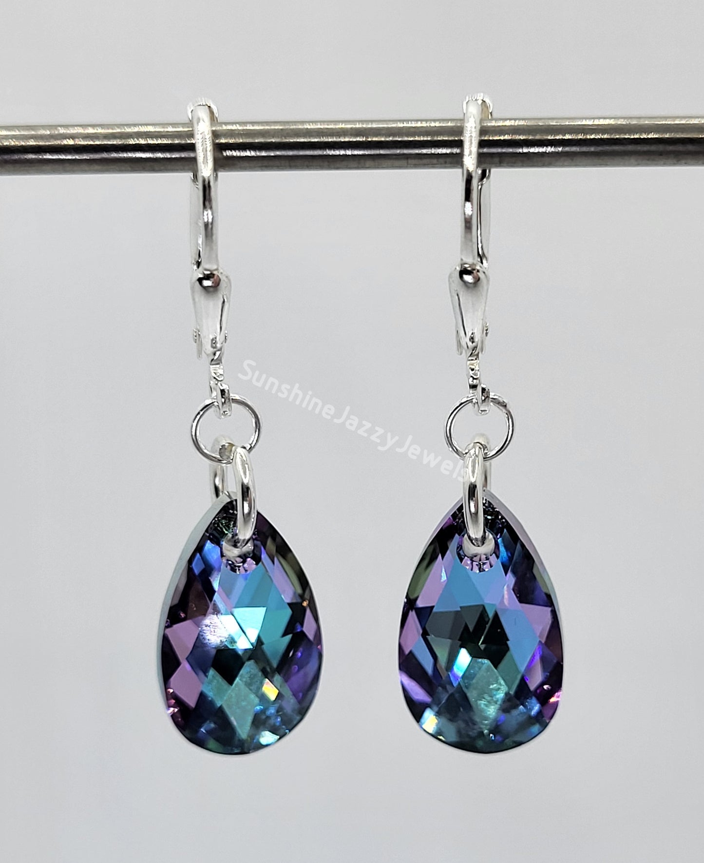 Sterling Silver Earrings - Swarovski Crystal Pear Pendant; Many Colors