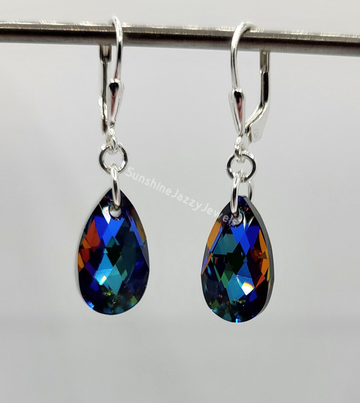 Sterling Silver Earrings - Swarovski Crystal Pear Pendant; Many Colors