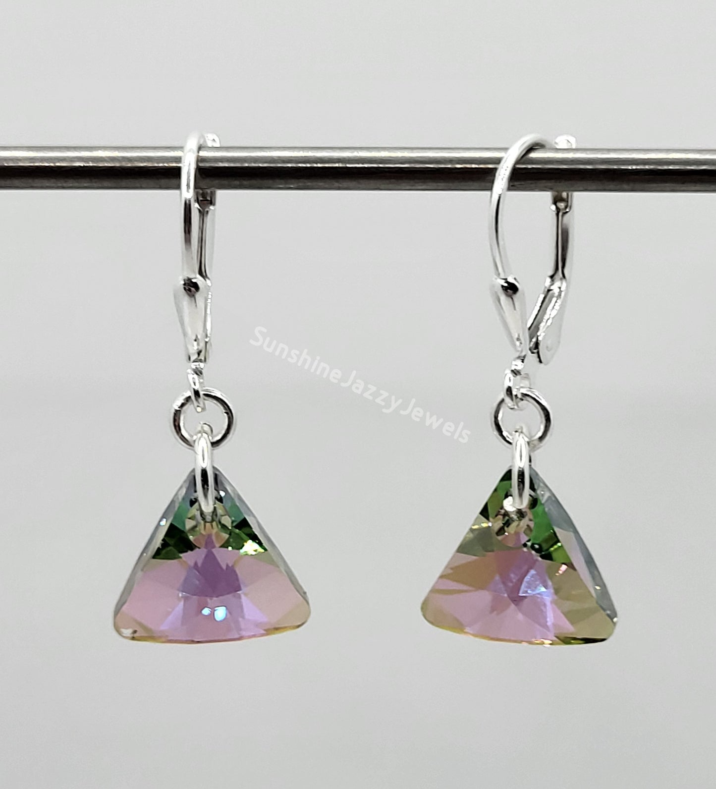 Sterling Silver Earrings - Swarovski Crystal Triangle Pendant; Many Color Choices