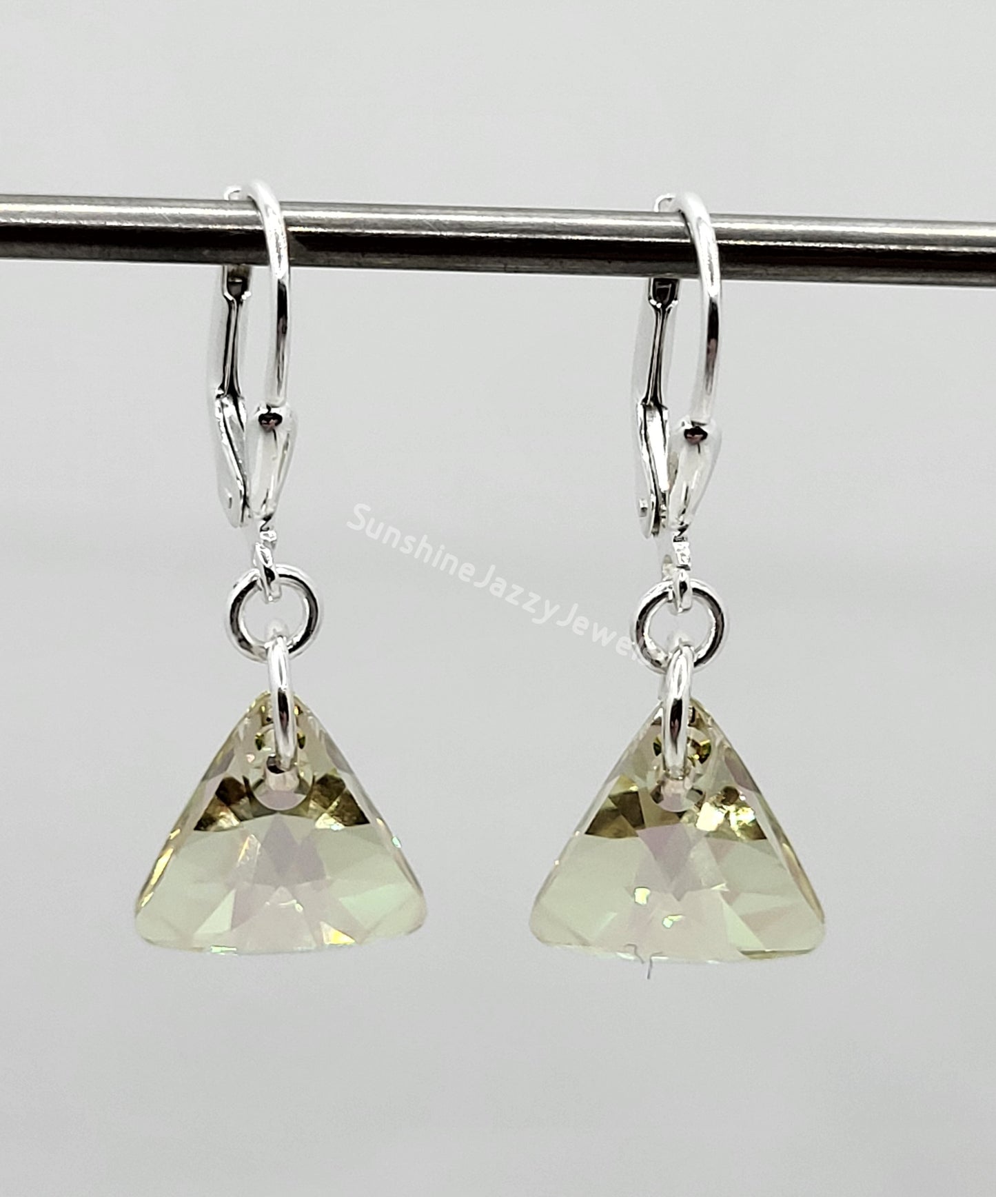 Sterling Silver Earrings - Swarovski Crystal Triangle Pendant; Many Color Choices