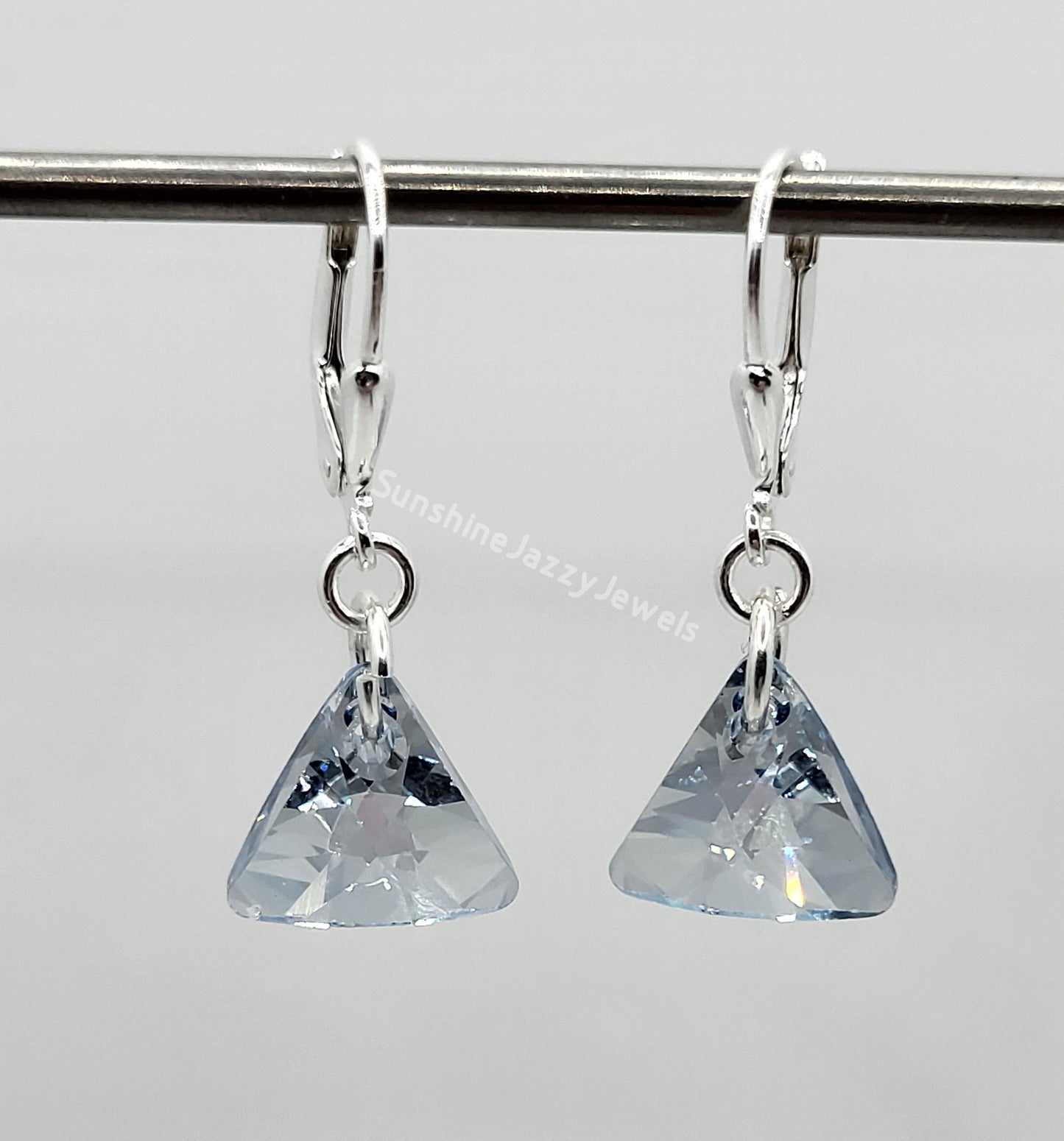 Sterling Silver Earrings - Swarovski Crystal Triangle Pendant; Many Color Choices