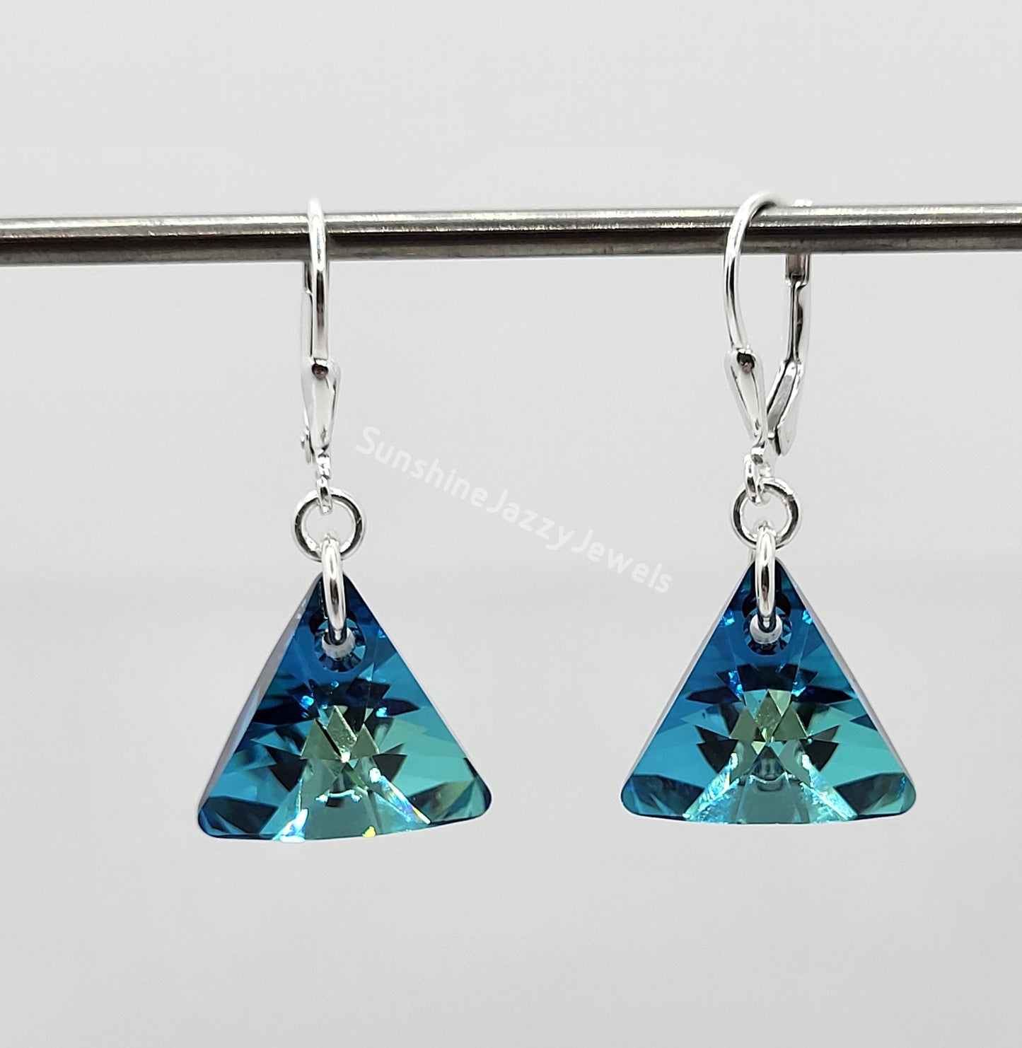Sterling Silver Earrings - Swarovski Crystal Triangle Pendant; Many Color Choices