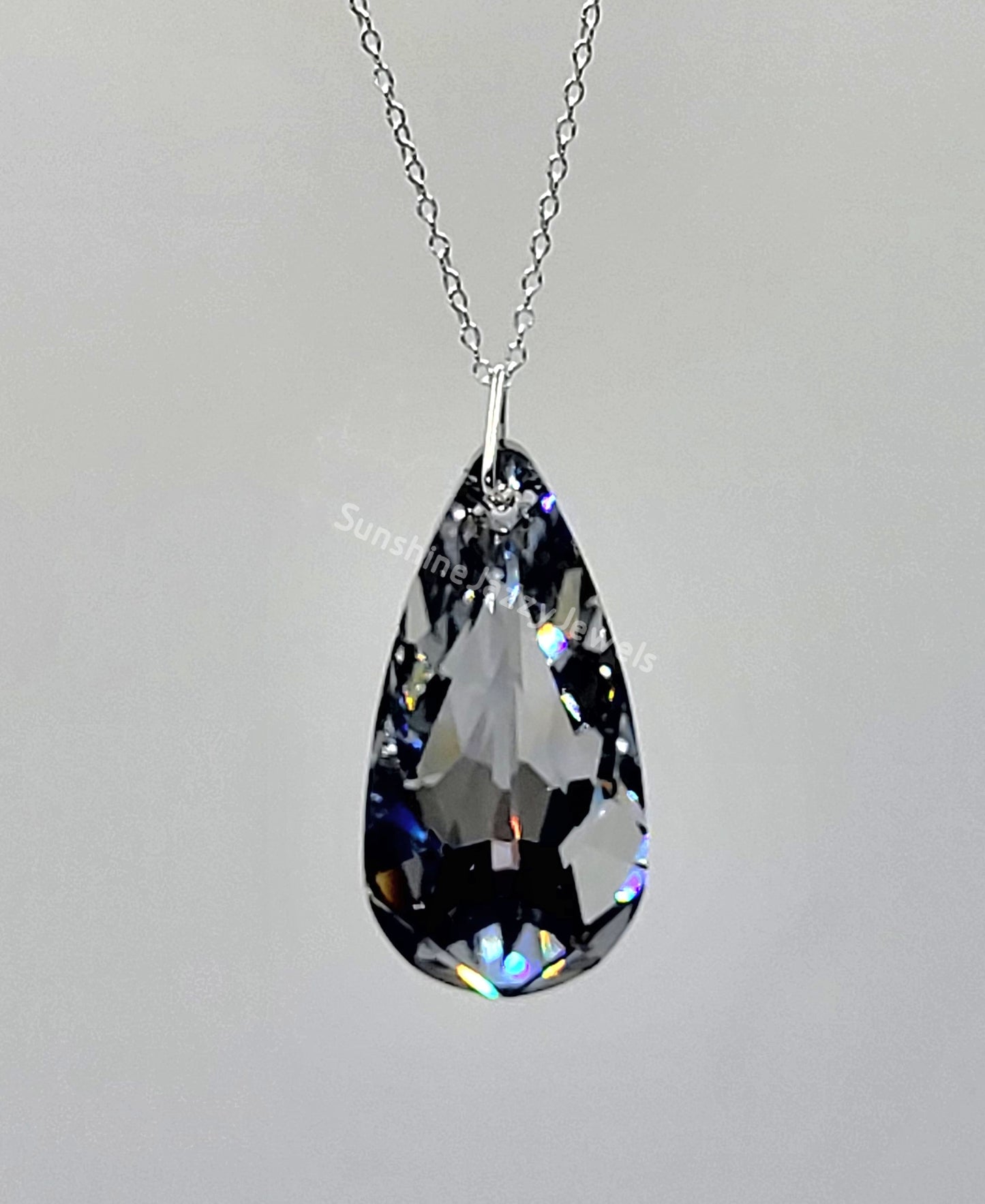 Sterling Silver Necklace - Swarovski Crystal Teardrop 6100 Pendant; Many Colors!!