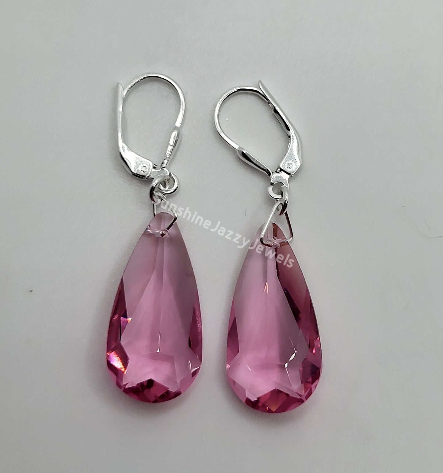 Sterling Silver Earrings - Swarovski Crystal Long Teardrop Pendant; Many Colors