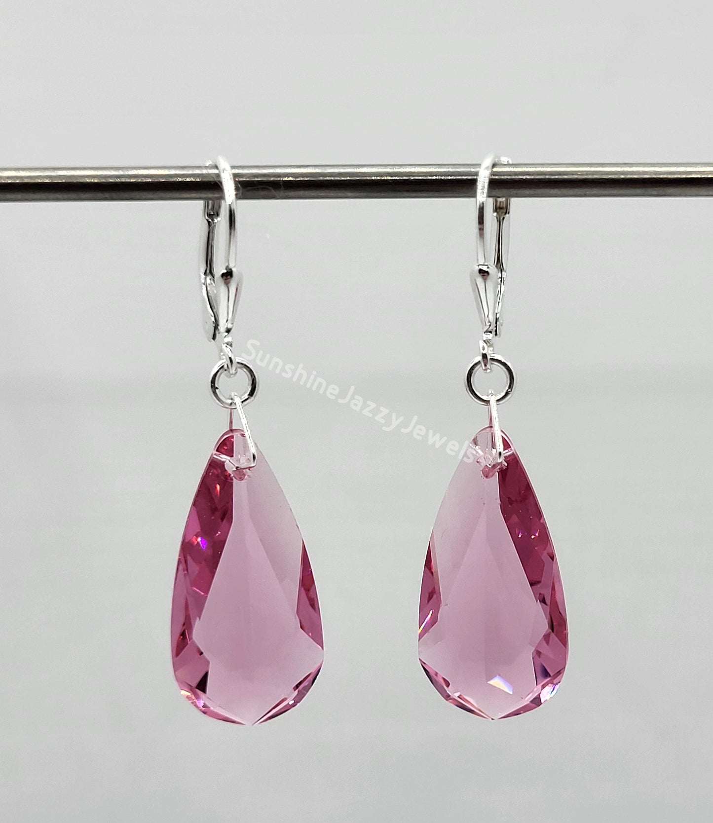 Sterling Silver Earrings - Swarovski Crystal Long Teardrop Pendant; Many Colors