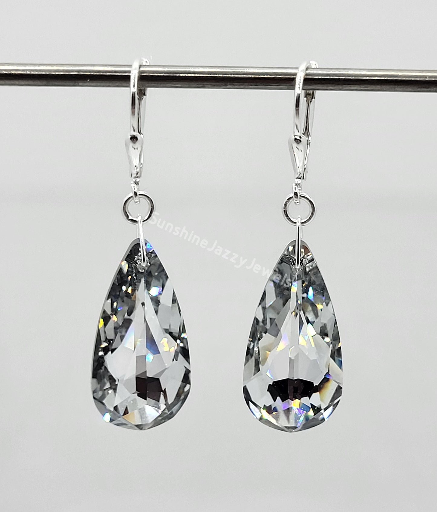 Sterling Silver Earrings - Swarovski Crystal Long Teardrop Pendant; Many Colors