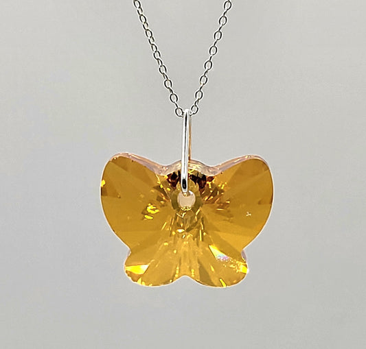 Sterling Silver Necklace - Swarovski Crystal Astrial Pink Butterfly Pendant; LAST ONE