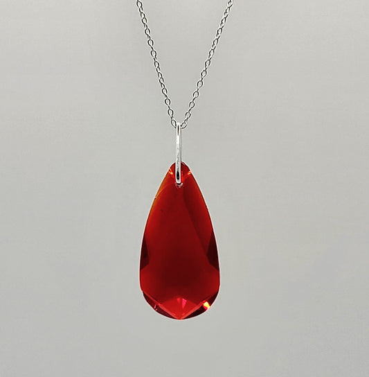Sterling Silver Necklace - Swarovski Crystal Light Siam Teardrop Pendant; LAST ONE
