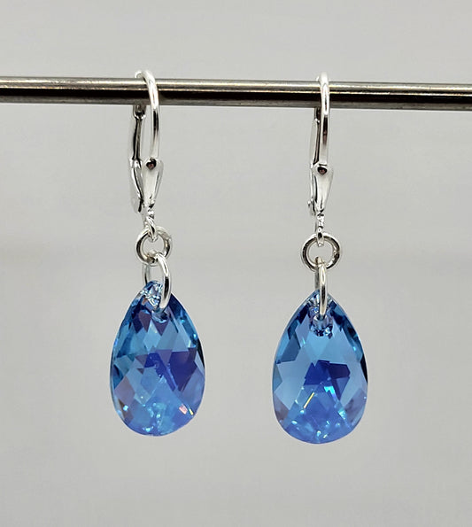 Sterling Silver Earrings - Swarovski Crystal Aquamarine AB Pear Pendants; LAST ONE