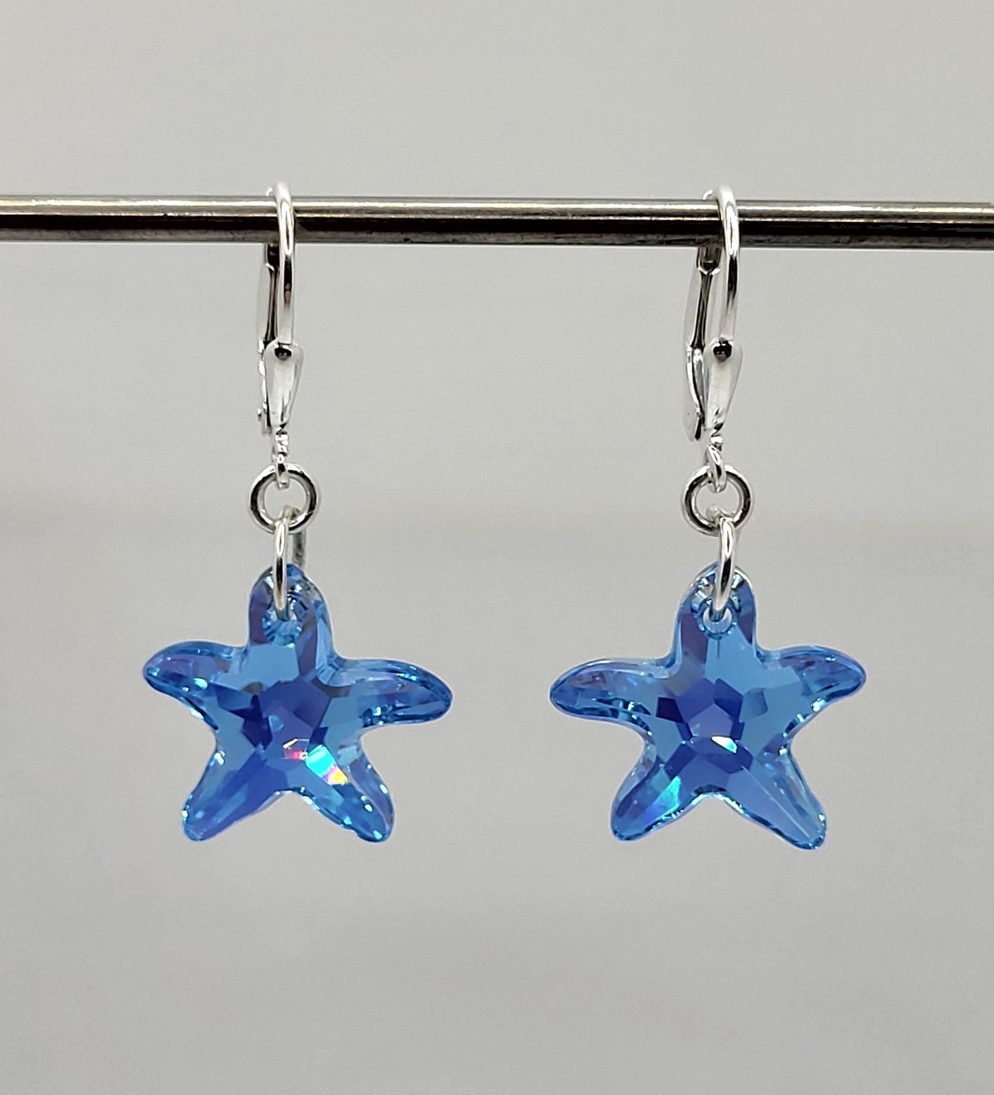 Sterling Silver Earrings - Swarovski Crystal Aquamarine AB Starfish Pendants; LAST ONE