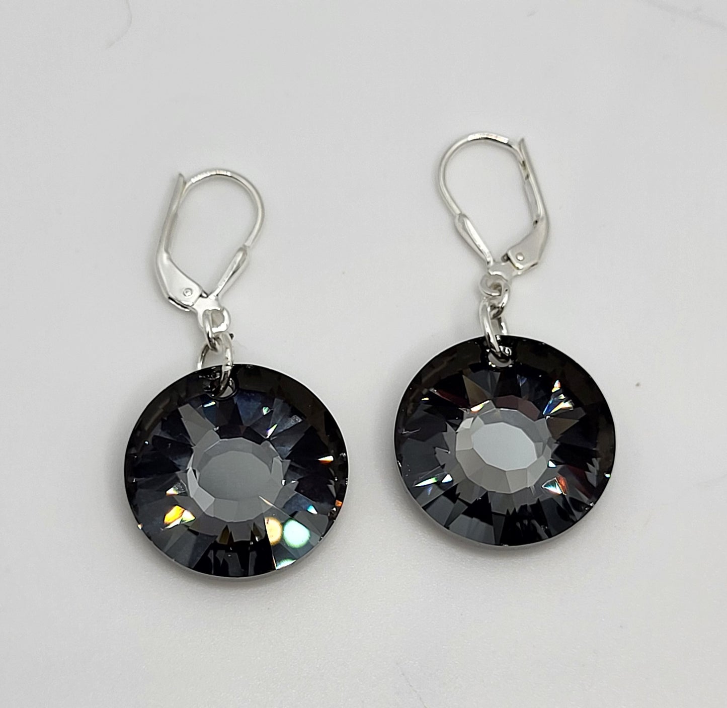 Sterling Silver Earrings - Swarovski Crystal Silver Night Sun Disc Pendants