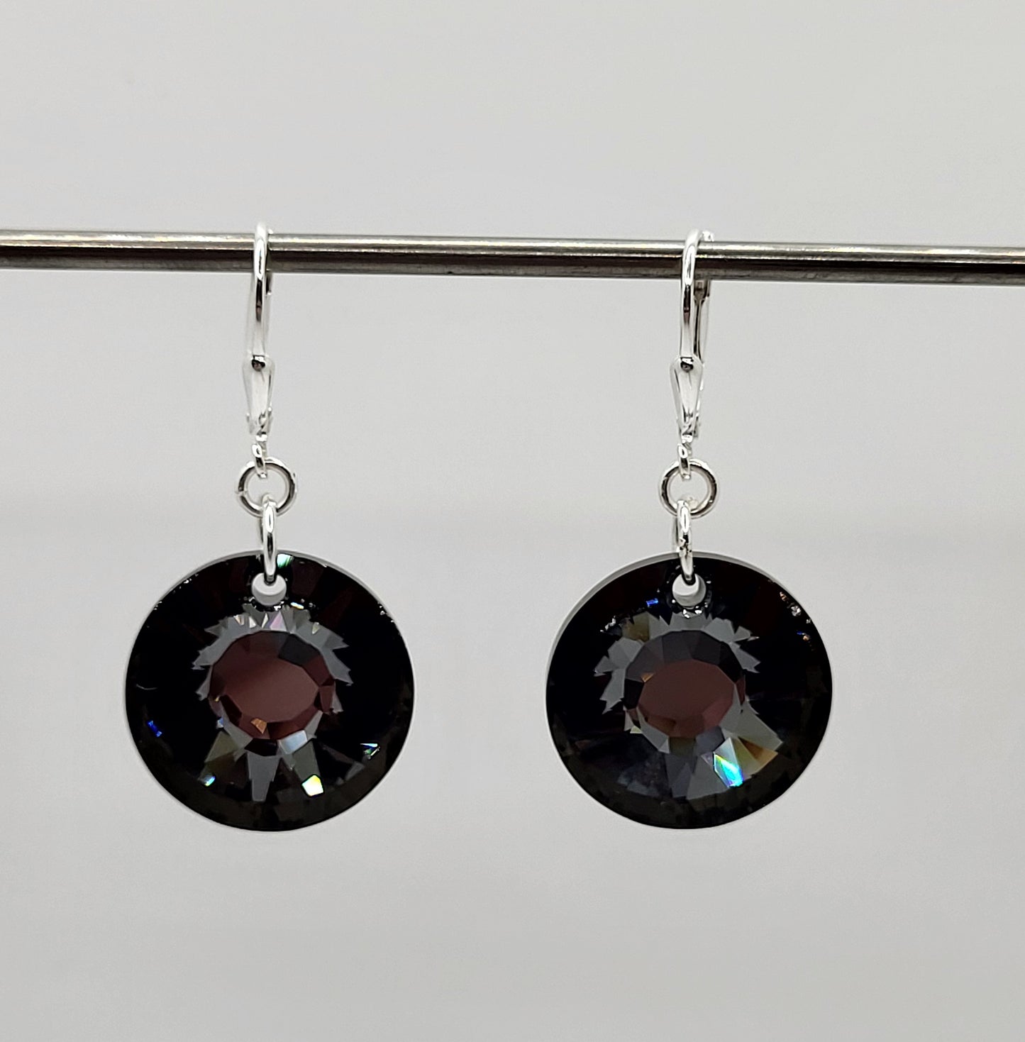 Sterling Silver Earrings - Swarovski Crystal Silver Night Sun Disc Pendants