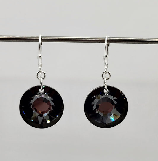 Sterling Silver Earrings - Swarovski Crystal Silver Night Sun Disc Pendants