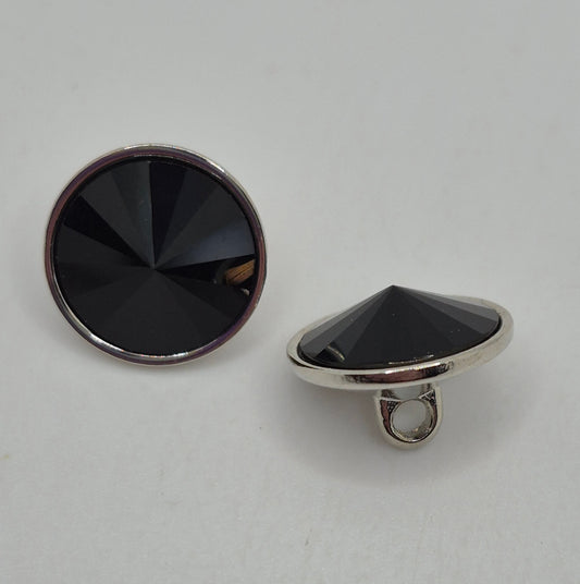 Shank Button; 2pc Swarovski Crystal 12mm Jet Black Button w/ Rhodium Setting