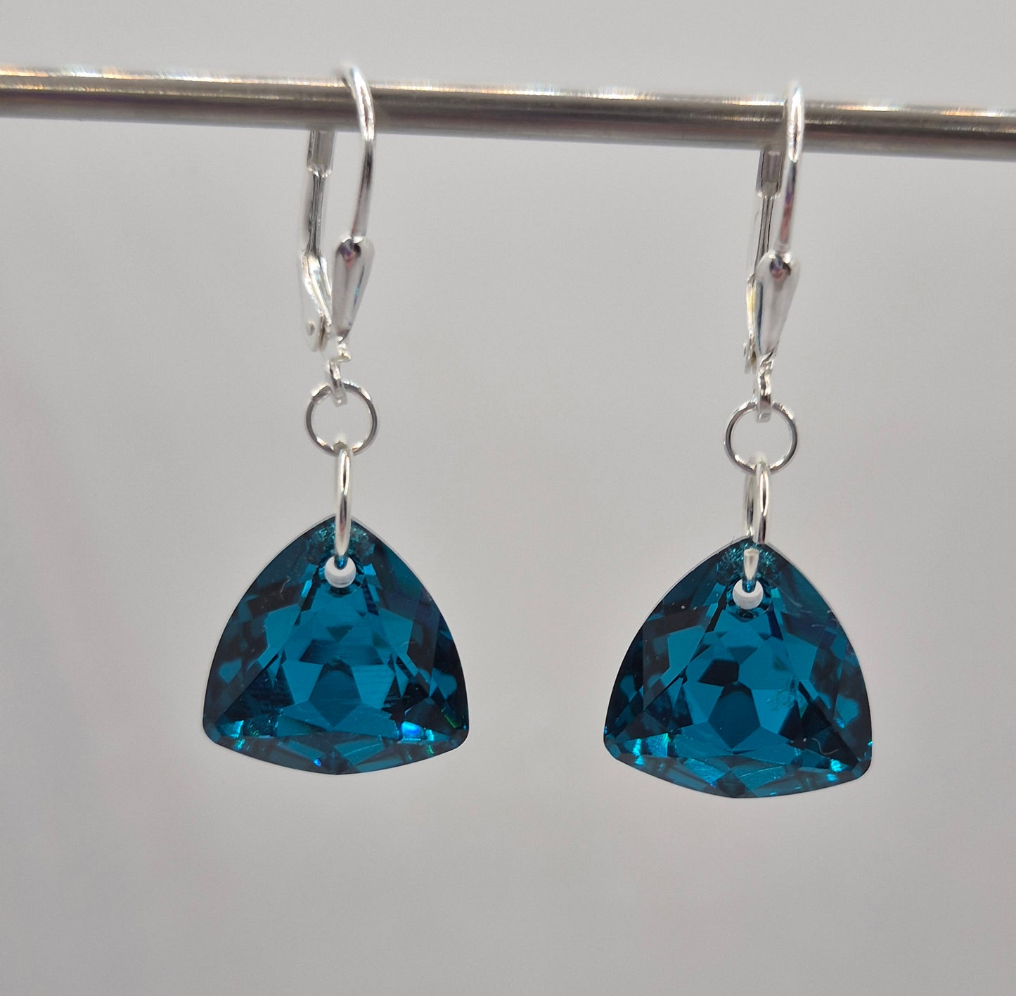 Sterling Silver Earrings - Swarovski Crystal Blue Zircon CAL Trilliant Cut Earrings