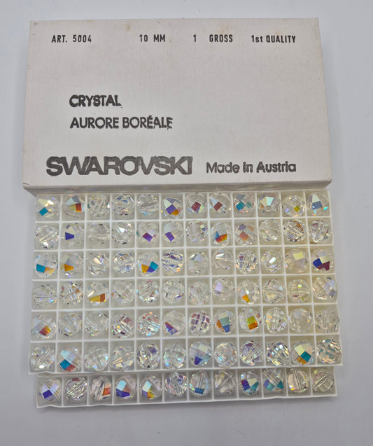 #5004 - Factory Pack Swarovski Crystal Clear AB 10mm Geometric Cut Round Beads; 144pc