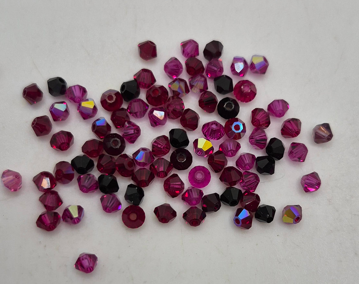 CLEARANCE MIX!  84pc Swarovski Crystal 3mm Bicone Beads; Fuchsia, Siam, Jet