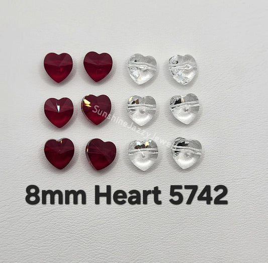 #5742 - Swarovski Crystal 8mm Heart Beads; Clear, Clear AB, or Siam