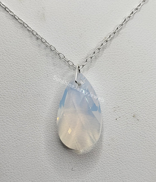 Sterling Silver Necklace - Swarovski Crystal White Opal Pear Pendant; LAST ONE