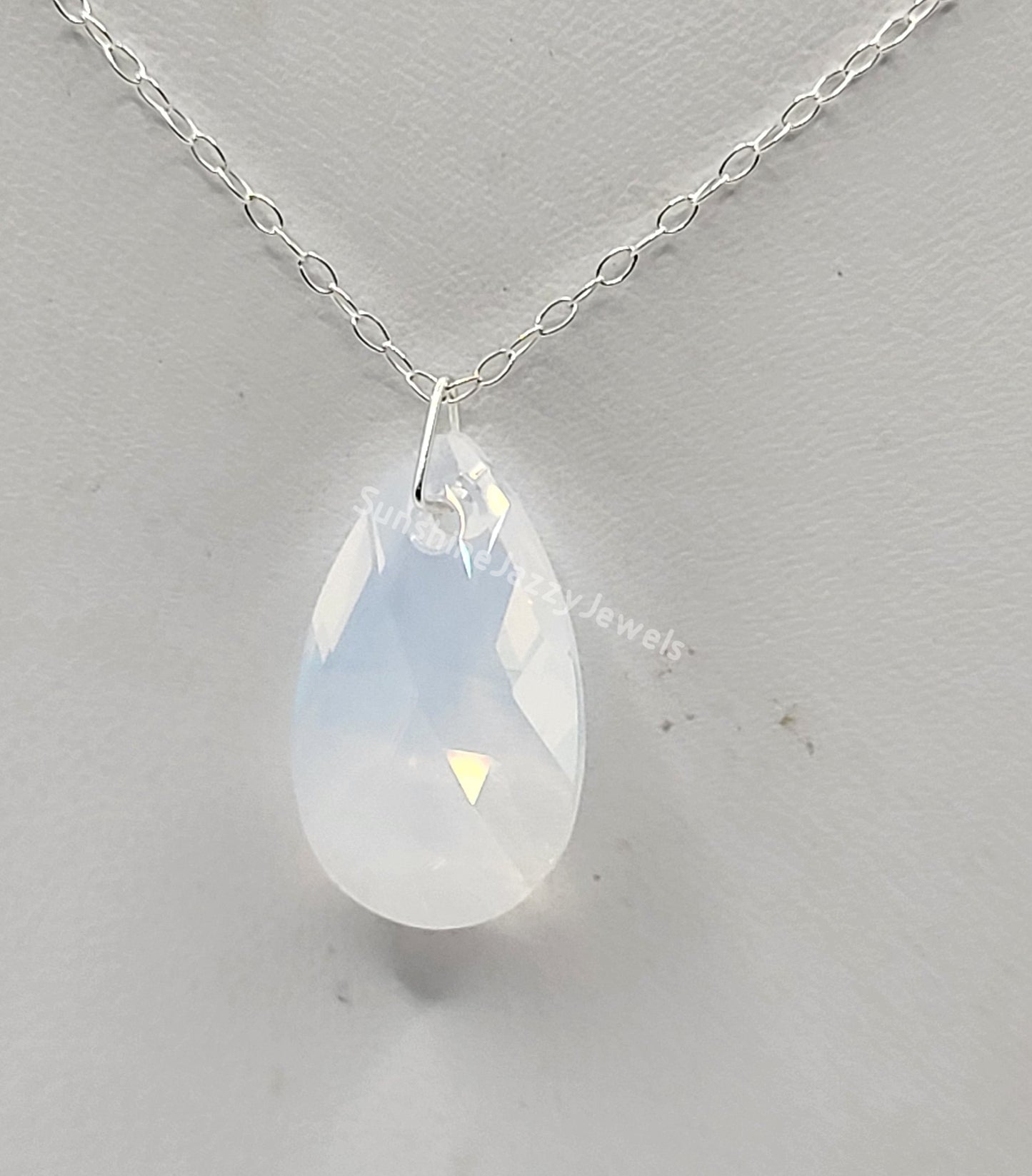 Sterling Silver Necklace - Swarovski Crystal White Opal Pear Pendant; LAST ONE