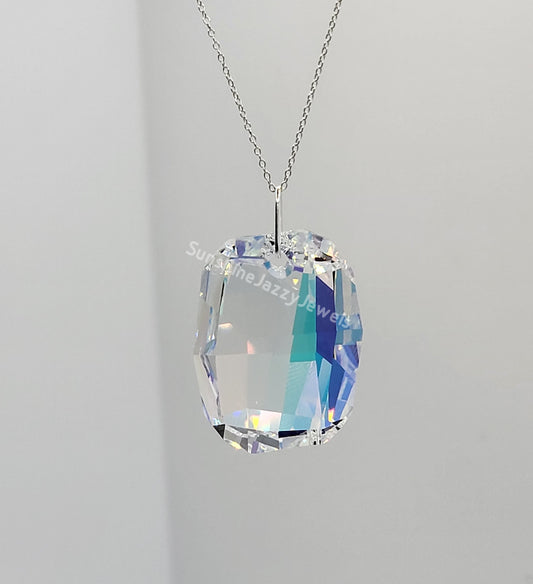 Sterling Silver Necklace - Swarovski Crystal Clear AB Graphic Pendant Chain