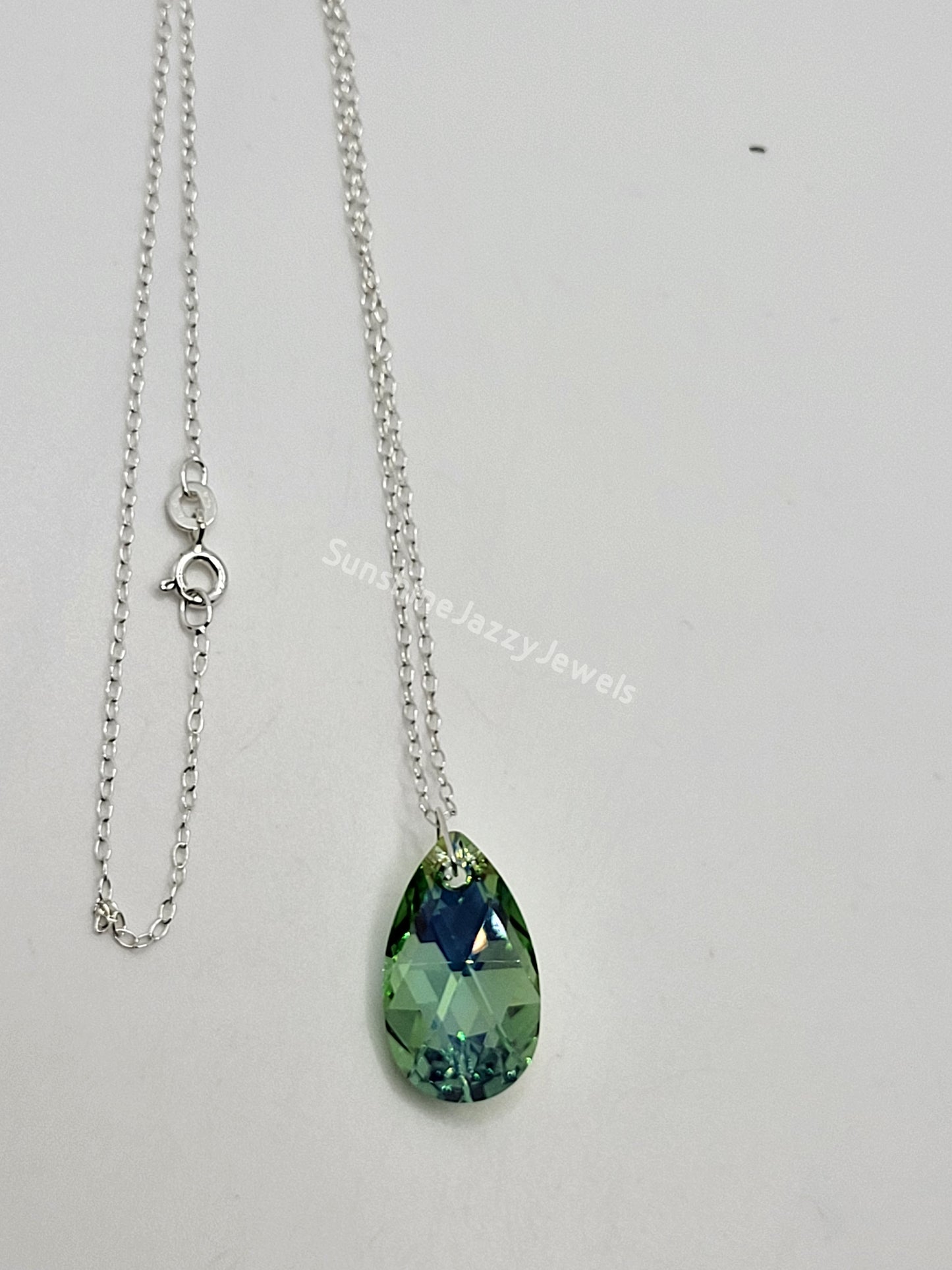 Sterling Silver Necklace - Swarovski Crystal Peridot AB Pear Pendant; LAST ONE