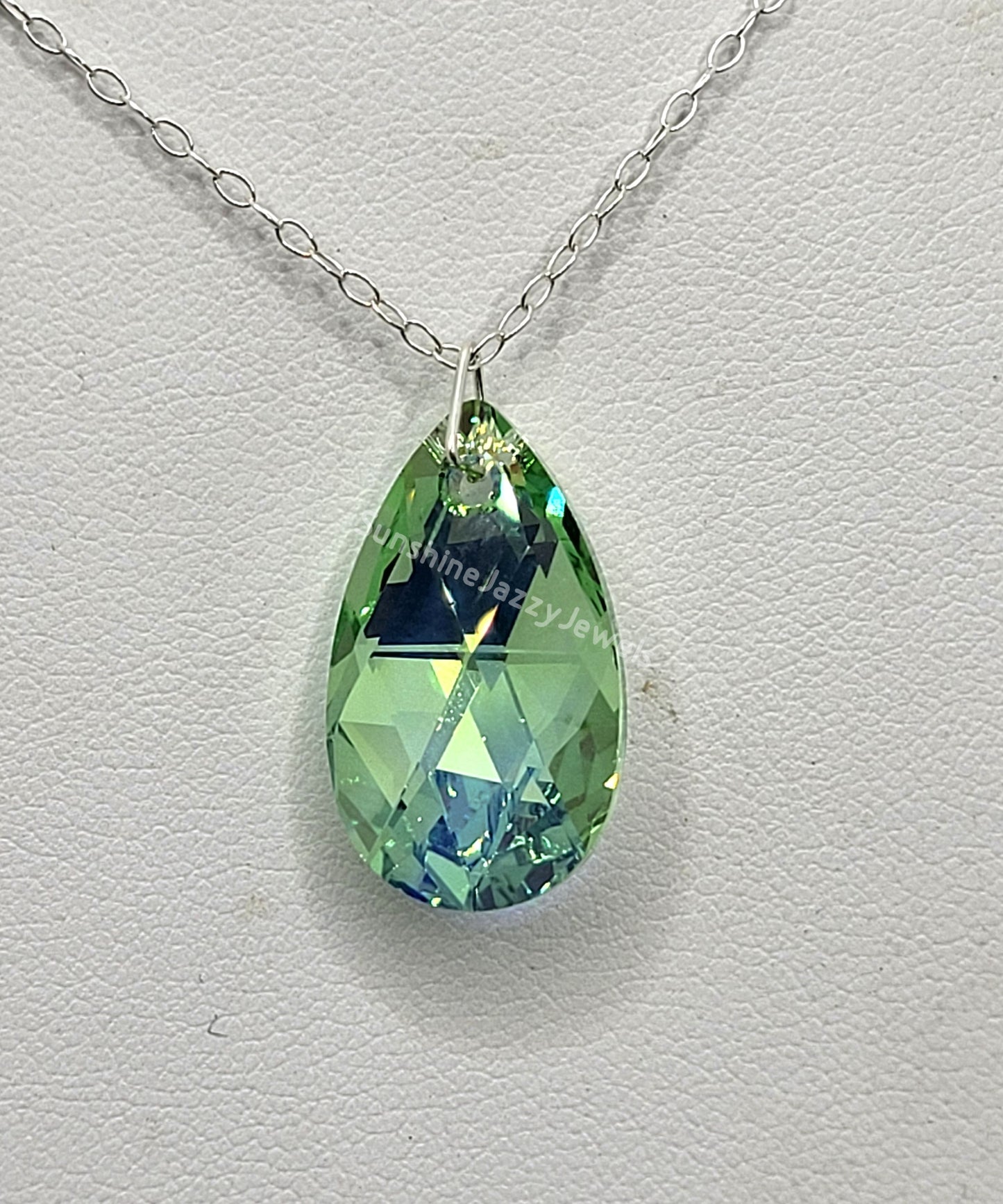 Sterling Silver Necklace - Swarovski Crystal Peridot AB Pear Pendant; LAST ONE