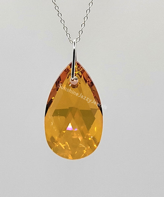 Sterling Silver Necklace - Swarovski Crystal Astrial Pink Pear Pendant; LAST ONE
