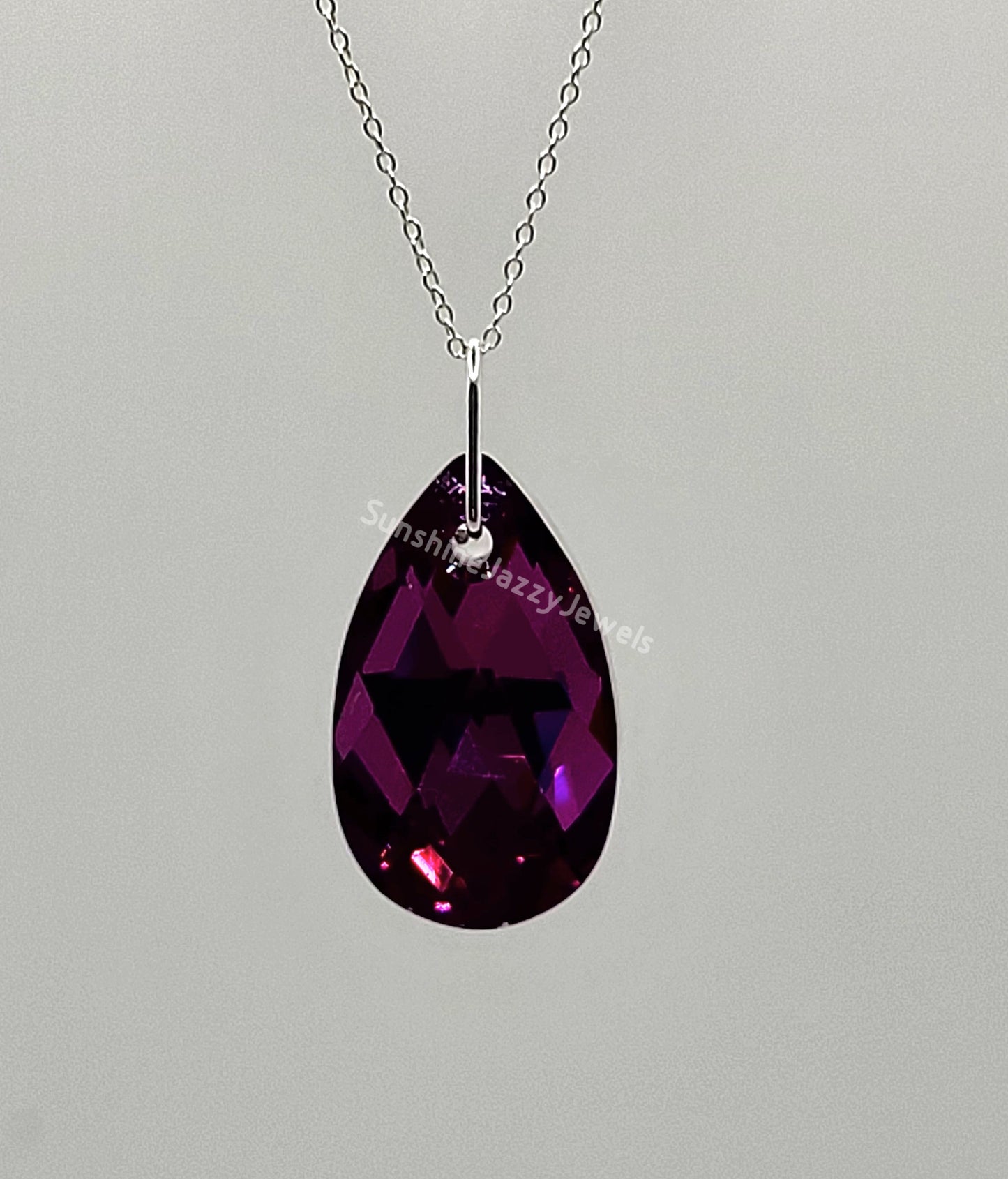 Sterling Silver Necklace - Swarovski Crystal Fuchsia CAL Pear Pendant; LAST ONE