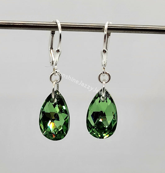 Sterling Silver Earrings - Swarovski Crystal Peridot CAL Pear Pendants; LAST ONE