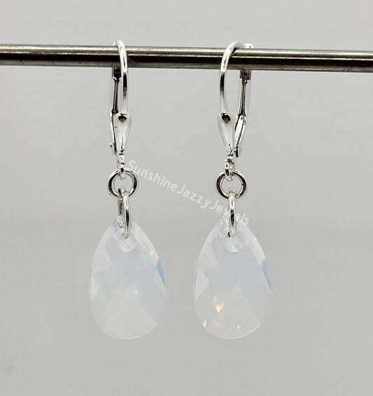 Sterling Silver Earrings - Swarovski Crystal White Opal Pear Pendant; LAST ONE