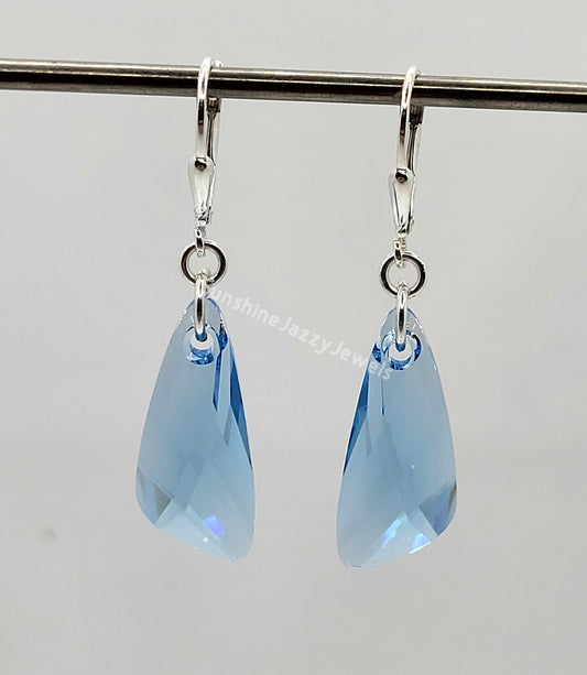 Sterling Silver Earrings - Swarovski Crystal Aquamarine Wing Pendant; LAST ONE