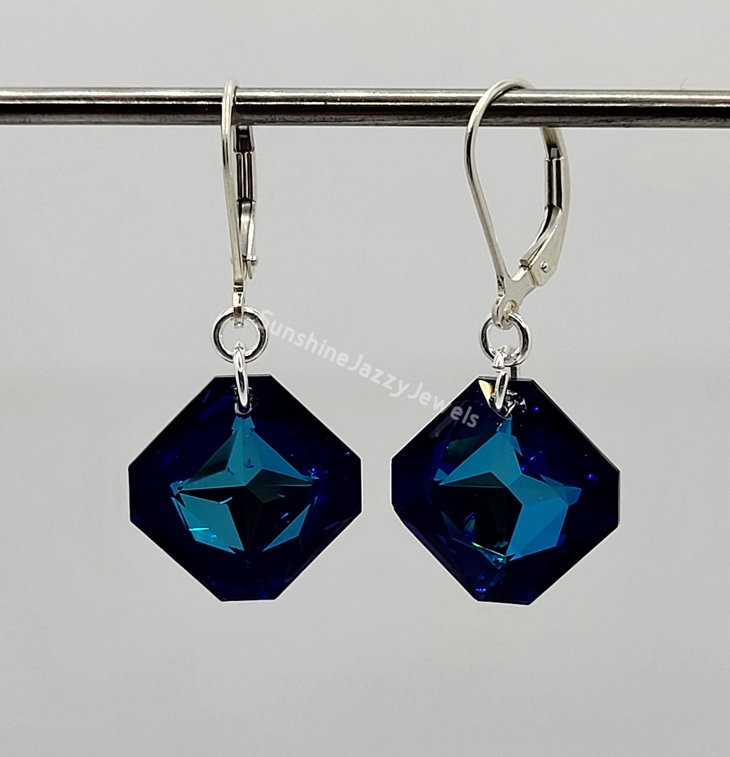 Sterling Silver Earrings - Swarovski Crystal Rhombus Pendants; Multiple Colors