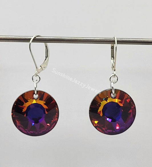 Sterling Silver Earrings - Swarovski Crystal Volcano Sun Disc Pendants