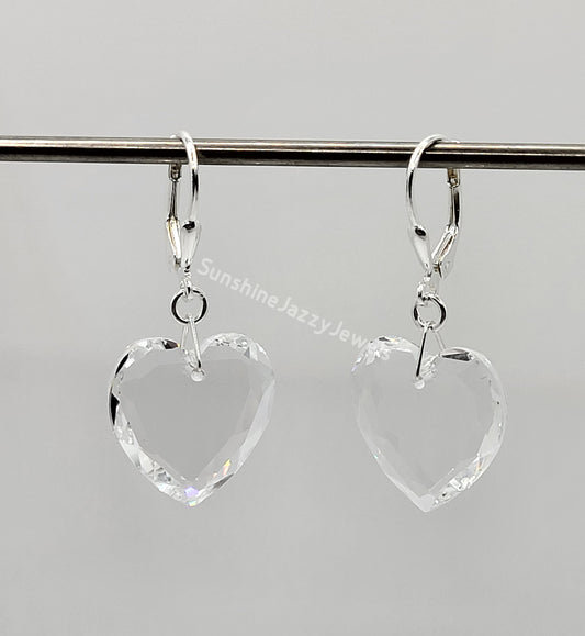 Sterling Silver Earrings - Swarovski Crystal Clear Heart 6225