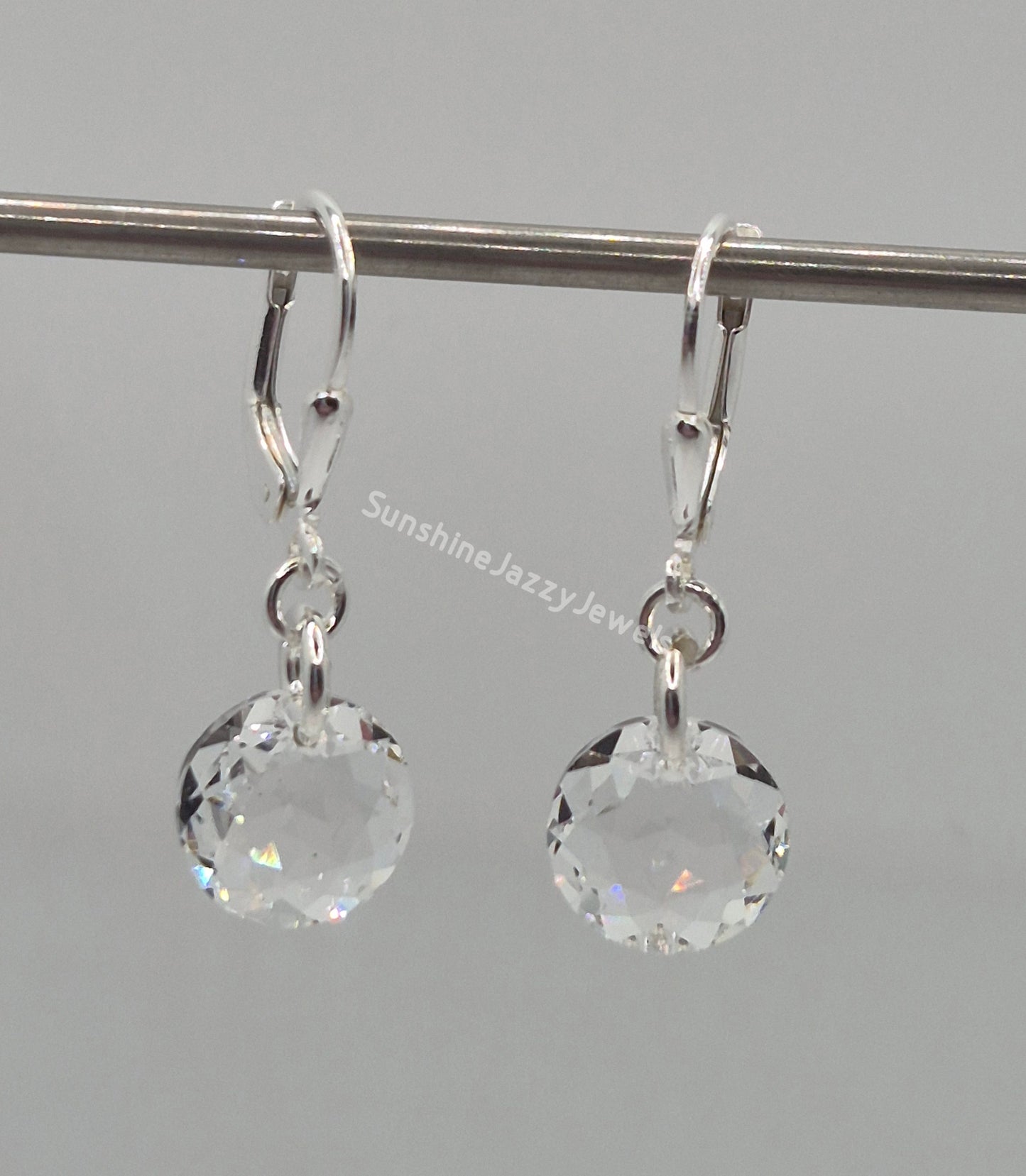 Sterling Silver Earrings - Swarovski Crystal Classic Cut Round Pendant; Many Colors