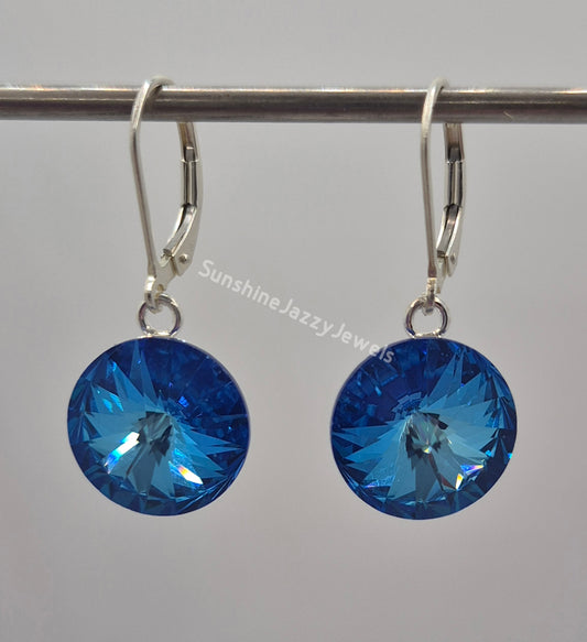 Sterling Silver Earrings - Swarovski Crystal Royal Blue DeLite Round Chaton Earrings