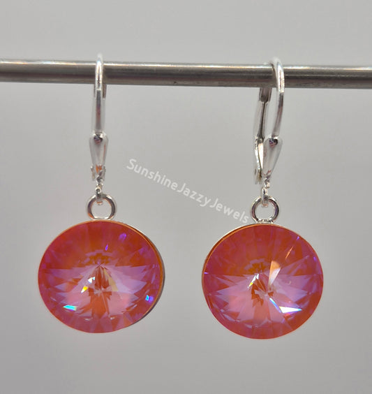 Sterling Silver Earrings - Swarovski Crystal Orange Glow DeLite Round Chaton Earrings