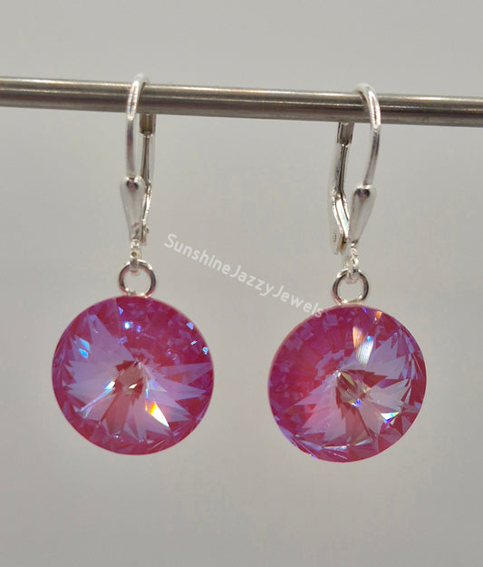 Sterling Silver Earrings - Swarovski Crystal Lotus Pink DeLite Round Chaton Earrings